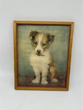 Florence Kroger Puppy Art Print Vintage Framed Animal 1940’s Brown White Pastel